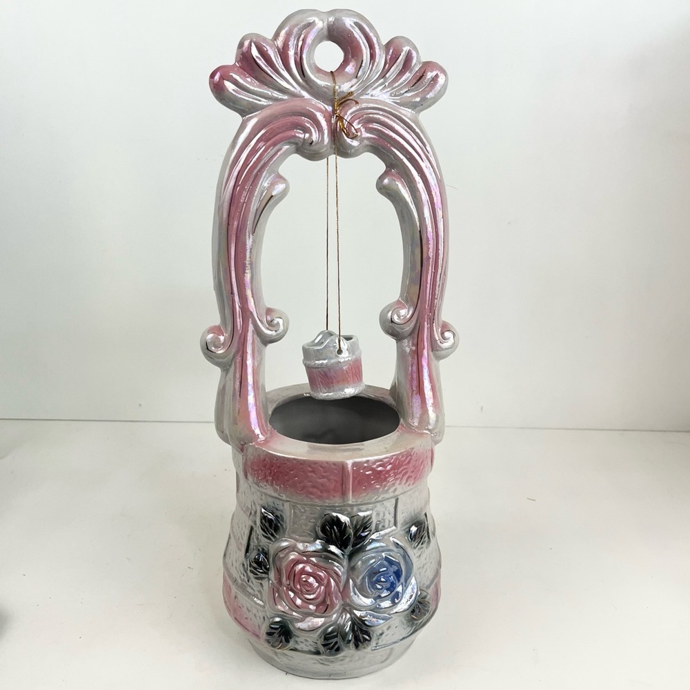Vintage Mid Century Lusterware Pink Floral Wishing Well Planter & Water Bucket